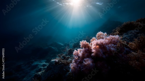 Fototapeta Naklejka Na Ścianę i Meble -  Sunlight streams through the deep blue ocean illuminating a vibrant coral reef and rocky underwater landscape