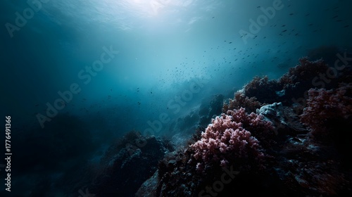 Fototapeta Naklejka Na Ścianę i Meble -  Sunlight filters through the blue ocean illuminating a vibrant coral reef with a school of fish