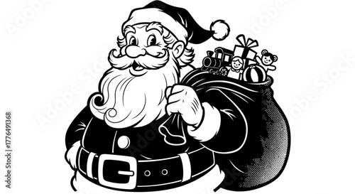 A black and white illustration of Santa Claus carrying a sack full of gifts over his shoulder.