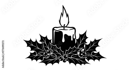 Black and white illustration of a burning candle surrounded by festive holly leaves and berries, a classic holiday symbol.