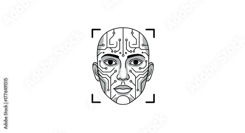 Futuristic circuit technology face recognition in monochrome style