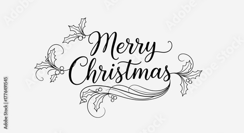 Elegant black and white calligraphy design with the words 'Merry Christmas' and decorative floral elements.