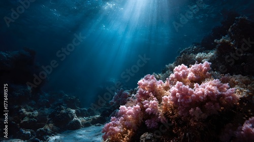 Fototapeta Naklejka Na Ścianę i Meble -  Sunlight streams through deep blue ocean water illuminating vibrant pink coral reef formations