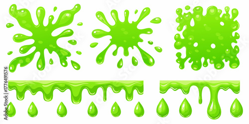 Collection of green slime splashes drips and borders with a glossy texture