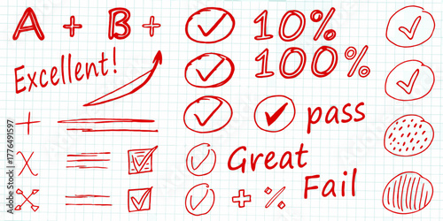 Hand drawn red marks including grades a b excellent 10 percent 100 percent pass fail and check marks on graph paper