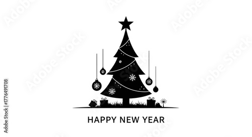 Silhouette of a decorated Christmas tree with ornaments, gifts, and a star, celebrating the New Year.
