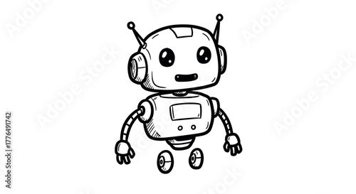 Adorable cartoon robot with antenna in black and white outline style