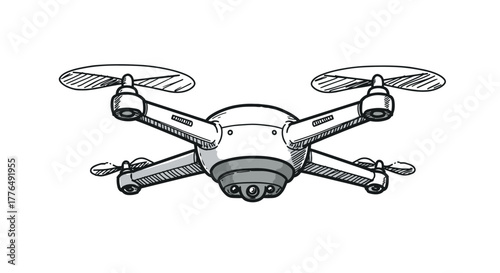 Hand drawn drone sketch with detailed props in black and white