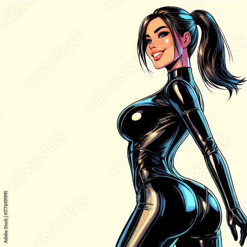 woman in a glossy black bodysuit with ponytail, posing. Generative ai vector colorful pop art illustration.