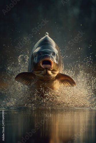 Carp fish jumping out of the water. Generative Ai