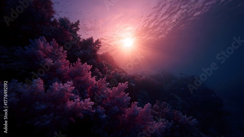 Fototapeta Naklejka Na Ścianę i Meble -  Vibrant underwater coral reef illuminated by golden sunlight rays at dawn or dusk