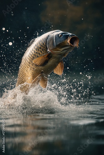 Carp fish jumping out of the water. Generative Ai