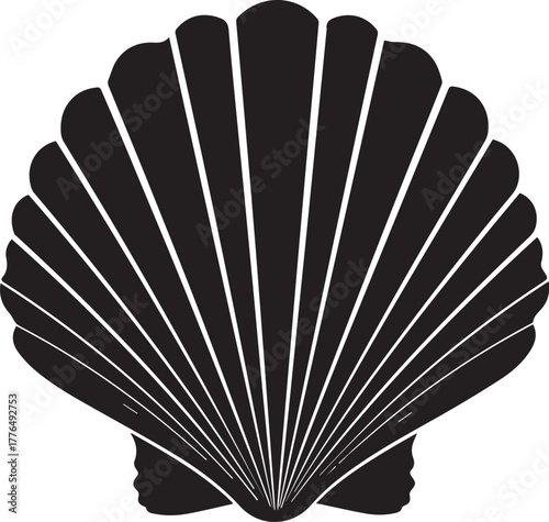 Black Silhouette of a Scallop Shell on White Background