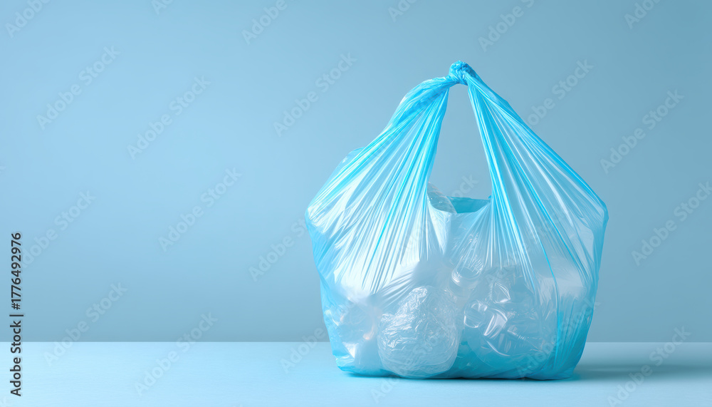 Obraz premium Recycling concept plastic bag filled with bottles and containers on blue background conveying environmental concern and sustainable solution