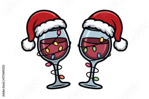 Christmas Wine Glasses Cheers Vector.  Santa Hats and Holiday Lights