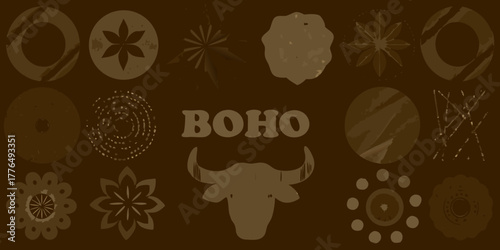 Boho style graphic design with buffalo head and abstract tribal patterns in earthy tones