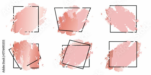 Set of six abstract watercolor brush stroke frames in various shapes and pink hues with black outlines