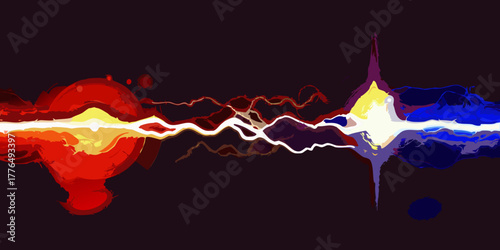Abstract clash of fiery red and cool blue energy streams against a dark background