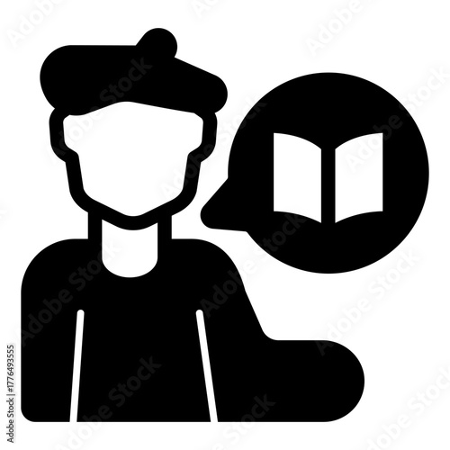 Writer man with book in popup bubble solid icon, book festival concept. Vector graphics. Book author, artist tells story sign on white background, style icon mobile or web design.