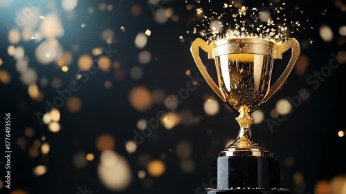 Golden trophy cup shining with sparkling lights on dark background, symbol of victory and achievement