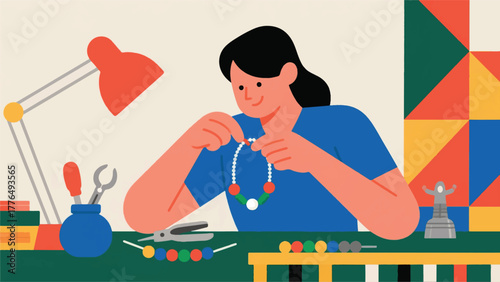 Illustration Vector Person Creating A Custom Piece Of Jewelry Beading A Bracelet At A Craft Station Vector Design Template