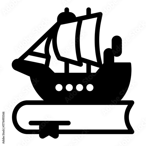 Ship and book with bookmark solid icon, book festival concept. Vector graphics. Book with vessel, marine story sign on white background, style icon mobile or web design.