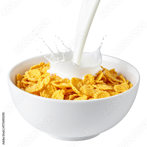 Breakfast Delight: Capturing the simple pleasure of breakfast with pouring milk into bowl of cereal, milk creates a dynamic splash, a visual symphony of freshness and delight.