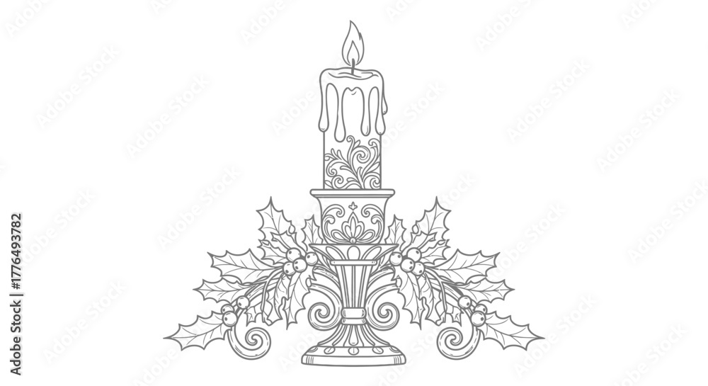 Naklejka premium A detailed black and white illustration of a candle with holly leaves and berries.