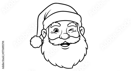 Black and white line art illustration of Santa Claus's head winking and smiling, wearing a traditional hat.
