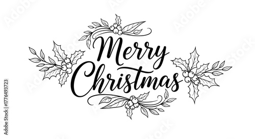 Merry Christmas text with floral ornaments in black and white.