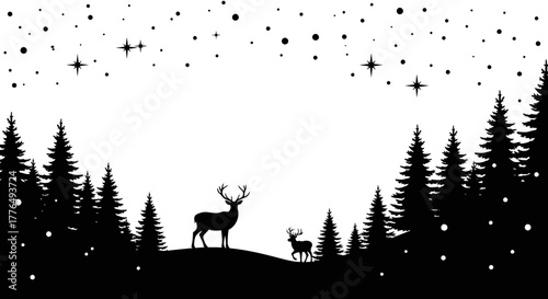 Winter landscape silhouette with two deer, pine trees, and falling snow under a starry sky.