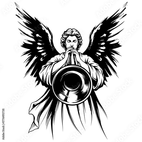 Dynamic black and white illustration of a celestial angel with large jagged wings blowing a trumpet