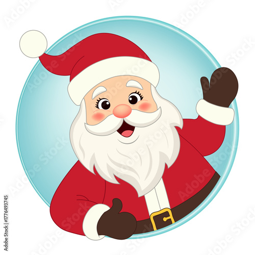 Cheerful Santa Claus waves his hand, looking out from a round frame. Cartoon Christmas character for festive stickers, festive avatars, gift tags, round badges, and seasonal clipart. PNG and vector