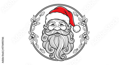 Detailed black and white illustration of Santa Claus's face with a red hat, framed by a festive holly wreath, depicting a classic Christmas character.