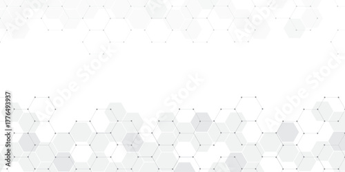 Molecular structure abstract tech background. Geometric white background. Vector banner design with hexagons. Science network pattern, connecting lines and dots Medical background, Vector illustration