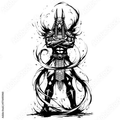 A high-contrast, black and white illustration of the Egyptian god Anubis. He has a muscular build, a jackal head, and stands with his arms crossed