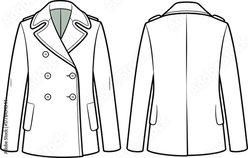 Double breasted coat fashion sketch, outerwear technical flat illustration with lapel collar and epaulets, garment drawing, tailored clothing design template