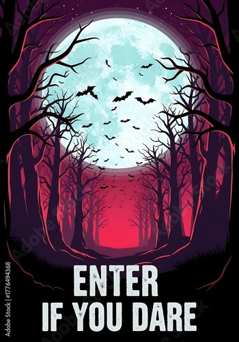 Spooky forest path with full moon and bats