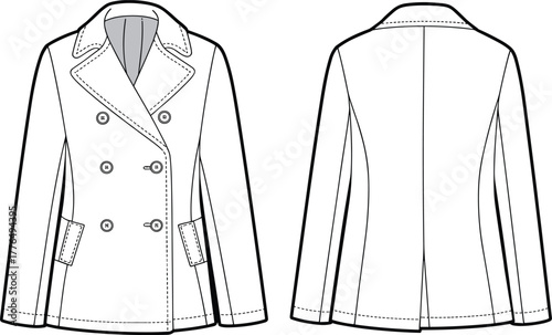Double breasted peacoat fashion sketch, women’s outerwear technical flat illustration, garment drawing with lapel collar, tailored coat design clothing template