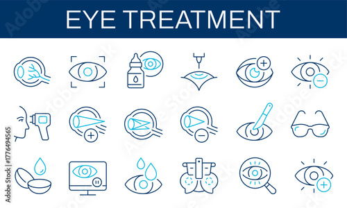 Eye treatment line icons set. Vision correction, diagnostics, laser surgery, and eye care symbols.