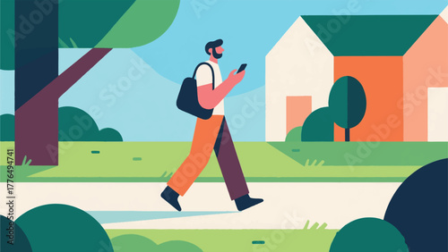Illustration Vector Person Enjoying A Short Walking Meeting On Their Phone, Moving Outside To Get Fresh Air Vector Design Template