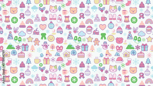 Cute pastel seamless vector pattern with New Year icons: gifts, snowflakes, Santa, trees, and mittens. Perfect for winter design, wrapping, and holiday decorations.