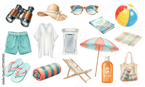 Watercolor Set of Summer Beach Vacation Accessories Collection