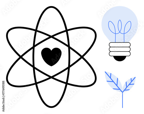 Atomic structure with central heart, eco-style lightbulb, and leaf. Ideal for science, innovation, sustainability, eco-friendliness, renewable energy creativity and connections. Simple flat