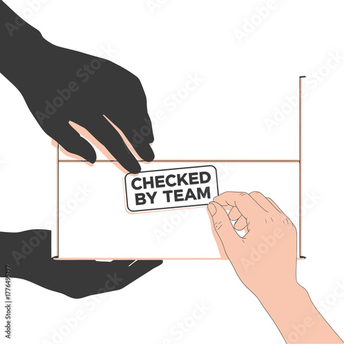 Adobe Illustrator Artwork Quality control teamwork concept — hands placing a “Checked by Team” label on a package, inspection and verification process vector illustration for business use