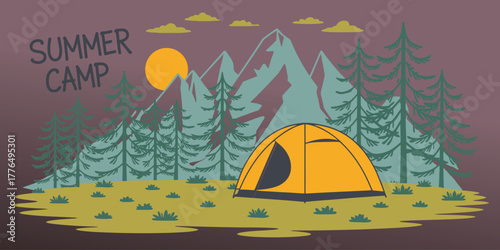 Summer camp concept illustration with tent mountains forest and sunny day flat landscape design for camping hiking and nature tourism