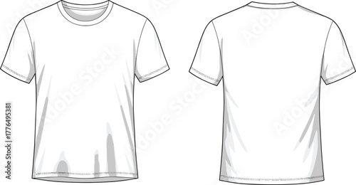 White T-shirt fashion sketch, front and back view, blank apparel template, short sleeve shirt, technical drawing, garment design illustration