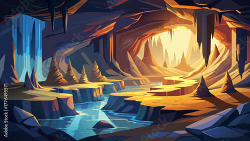 Very beautiful view of Mammoth Cave in Kentucky, USA, showcasing vast limestone chambers, textured rock formations, and dramatic lighting that highlights the mysterious underground wonder of nature.