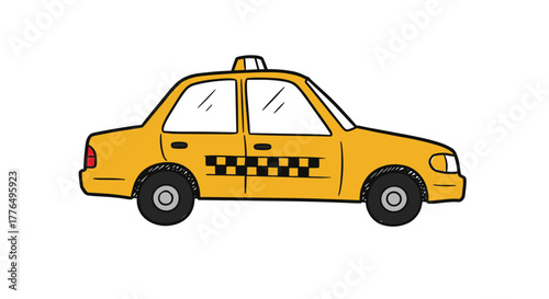 Hand drawn yellow taxi cab with checkered stripe on white background