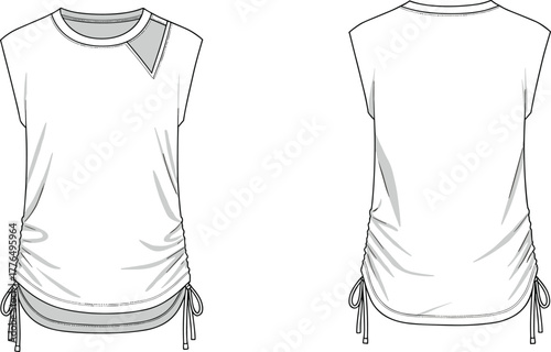 Women's fashion top, technical sketch, cap sleeve shirt, drawstring hem, garment design, apparel template, front back view, editable vector
